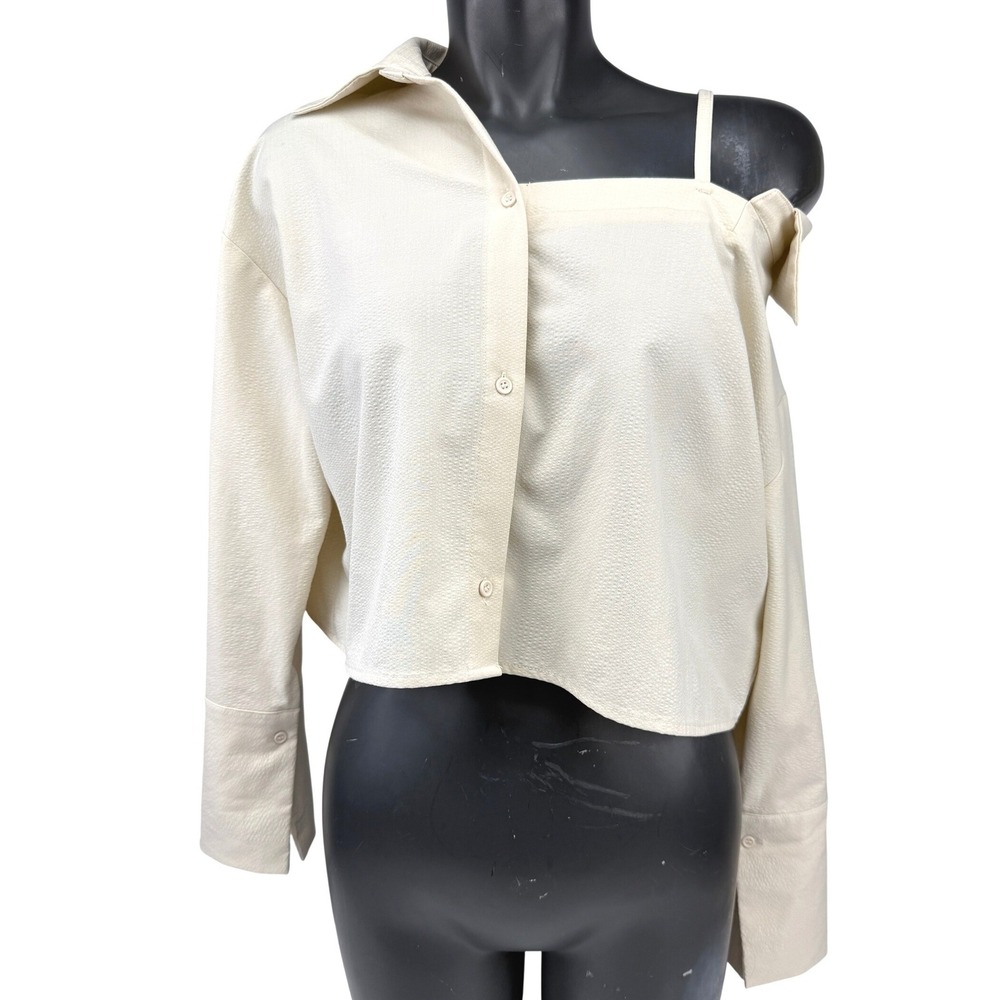 OAK + FORT Textured Off-Shoulder Asymmetrical Cropped Cream Button Up Shirt Sz M - Picture 2 of 6